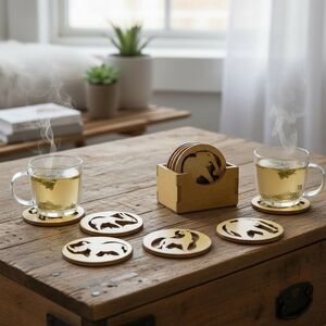 Hand-Carved Wooden Safari Animal Coaster Set with Holder – 6 Piece Jungle Decor